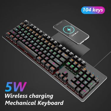 Farfi K118 Wired Quick Response Phone Wireless Charging 104 Key Caps Gaming Blue Axis Mechanical Keyboard for Desktop_voghion.com