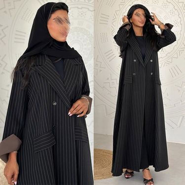 Women's Clothing Elegant Striped Abaya Dress – Modest Long Sleeve Kaftan With Button Front For Work & Travel_voghion.com