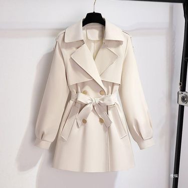Petite Beige Trench Coat For Women - Lightweight Spring Fall Jacket With Relaxed Fit & Round Neck_voghion.com