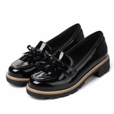 Tassel bow patent leather round head molded sole casual student shoes_voghion.com