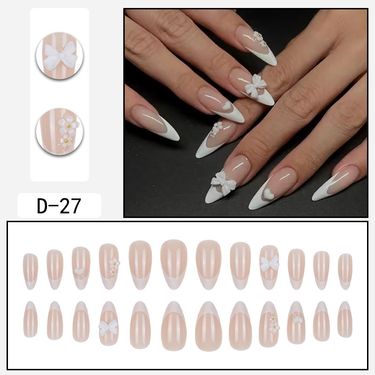Elegant Bow French False Nails Almond Shape Press On Nails Reusable Fake Nails For Women Glue On & Peel Off Nail Art Tips_voghion.com