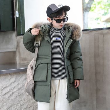 Boys' Long Puffer Jacket – Winter-Ready Hooded Coat, 80% White Duck Down, Water-Resistant, Loose Fit (Black, Army Green, Khaki)_voghion.com