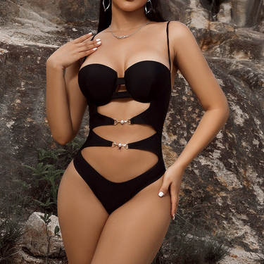 one-piece bikini bikini solid color hollow strap one-piece swimsuit_voghion.com