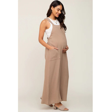 2024 New beige wide leg lace up maternity workwear pants_voghion.com