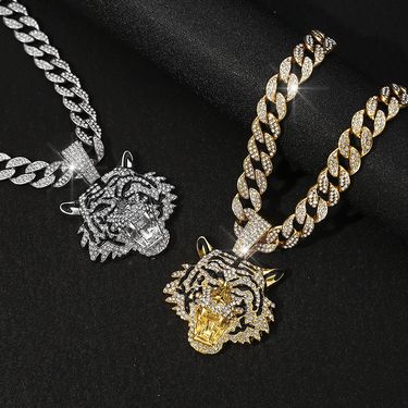 Alloy three dimensional full diamond tiger pendant Cuban necklace men's hip hop cool niche tiger jewelry_voghion.com