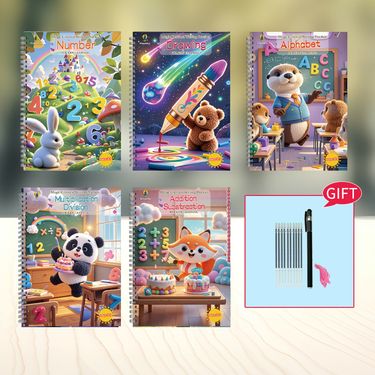 Kids Groove Practice Book Set - 5-in-1 Alphabet, Numbers, Math & Drawing Workbook With Pen & Grip (Pre-Writing Skills, Handwriting Improvement)_voghion.com