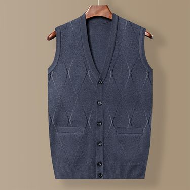 Middle Aged And Elderly Men's Sleeveless Vest, V-Neck Cardigan, Knitted Sweater, Dad's Autumn Pocket_voghion.com