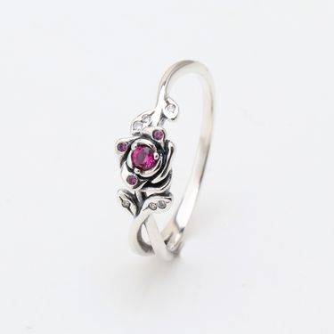 Silver Plated Rose Petal Ring Oxidized Black Copper Zirconia Jewelry EU Sizes 50-60 Travel Souvenir Gift For Women_voghion.com