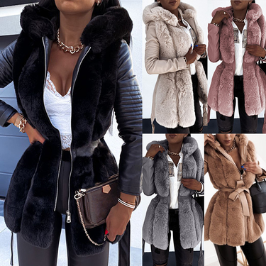 Women's Clothin New Fur Jacket Women Belt Hooded Solid Color Zipper Jacket Jacket _voghion.com