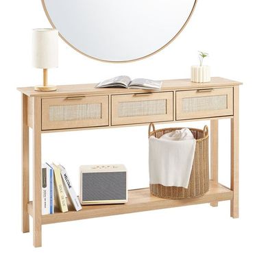 Rattan Console Table With 3 Storage Drawers Rattan Sliding Door Natural_voghion.com