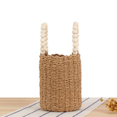 Wooden Bead Hand-held Straw Woven Bag Round Drawstring Bucket Bag Ins Style Simple Casual Beach Handmade Bag_mkmklike.com