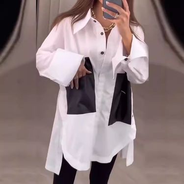 Women's Clothing Autumn New Lapel Button Loose Color Matching Tops for Women_voghion.com