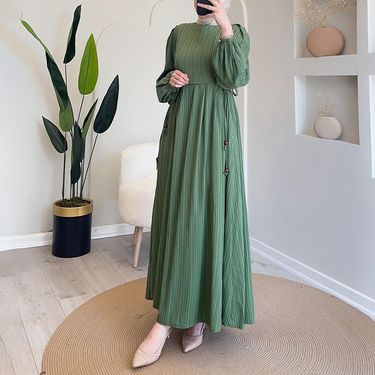 Women's Clothing Muslim Round Neck Lantern Sleeve Robe Elegant And Comfortable Dress_voghion.com