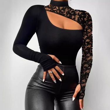 Women’s Clothing Spring and Autumn Off Shoulder Lace Irregular Long Sleeve T Shirt High Neck Women's Sexy T Shirt_voghion.com