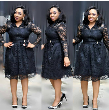 Women's long-sleeved shirt collar lace cardigan waist A-line dress_voghion.com