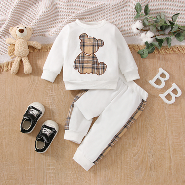 Three color options for new baby boys girls autumn bear printed pants and sweater set_voghion.com