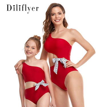 Mother&Kids Family swimsuit oblique shoulder waist one-piece swimsuit_voghion.com