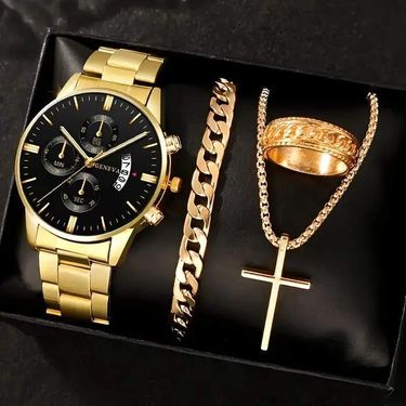 Men's Watches Men's Business Watch Calendar Graduated Quartz Watch Cross Necklace Bracelet Ring Set_voghion.com