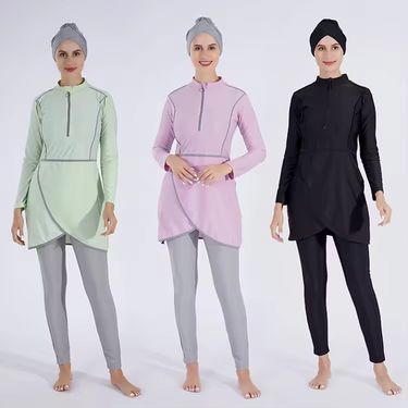 Women's Clothing Conservative Sun Protection Swimsuit Top + Hat + Pants Three Piece Muslim Conservative Swimsuit_voghion.com