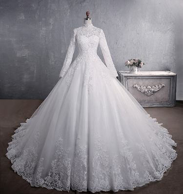 Women's Wedding Dress Lace Bridal Stand Collar Long Sleeve Stand Collar Big Tail Plus Size Muslim Wedding Dress Custom_voghion.com