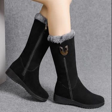 Winter all match snow boots women's shoes plus velvet thickened mid tube Martin boots wedge heel non slip warm side zipper cotton boots_vogvips.com