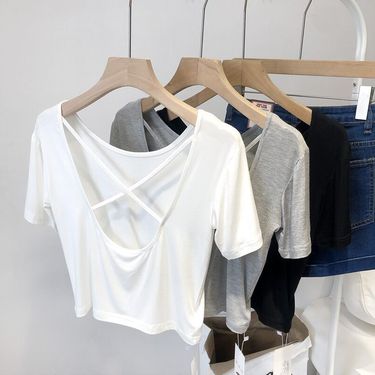 2024 summer new version slim fit thin careful cross beautiful back short bottom short-sleeved T-shirt tops for women_viptrois.com
