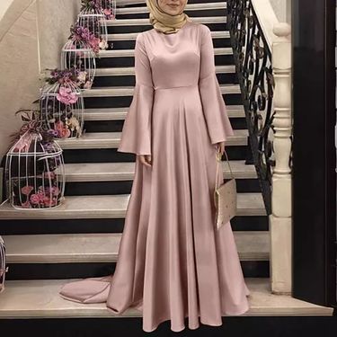 2024 women's new Muslim with flared sleeves, waist cinching and large swing, fashionable satin dress_voghion.com