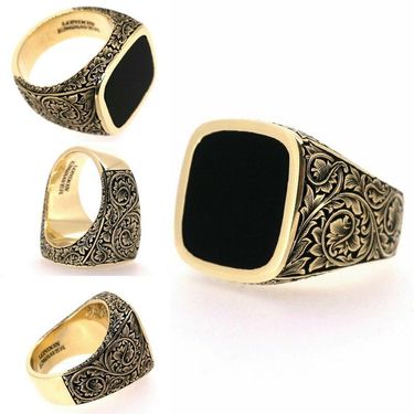 Hecheng sells fashionable classical patterns, black gemstones, antique gold rings, exquisite jewelry_ipsvogv.com