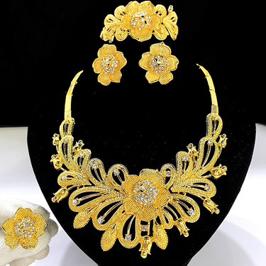 Middle East Dubai gold bridal necklace ring earrings bracelet four-piece African women's wedding jewelry set_voghion.com