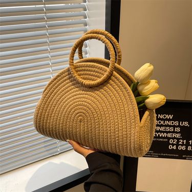 Women's Straw Solid Color Classic Style Weave Pillow Shape Open Beach Bag_viptrois.com