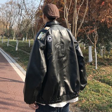Men's jacket, Spring autumn oversized motorcycle suit men, loose and trendy PU leather for young pilots, _voghion.com
