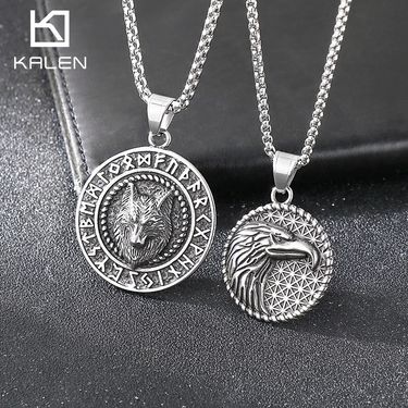 Men's Jewelry Nordic Viking Double Sided Rune Domineering Wolf King Pendant Retro Old Round Eagle Beak Titanium Steel Men's Necklace_voghion.com