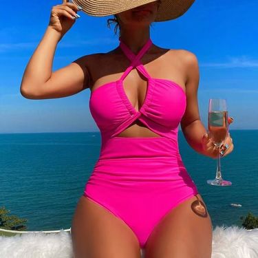 Women's Clothing New Swimsuit Women's High Waist Solid Color One Piece Sexy Backless Neck Swimsuit_voghion.com