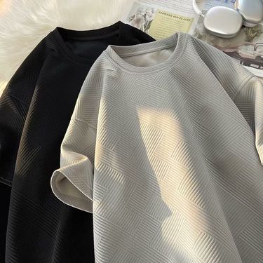 Men's clothing Summer boys loose short-sleeved T-shirt round neck waffle loose trend casual versatile waffle round neck short sleeve_mkmklike.com