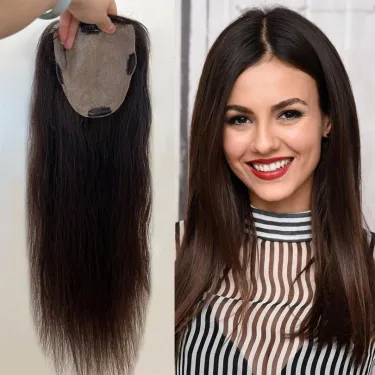 22inch Darkest Brown Human Hair Silk Base Topper For Women_voghion.com