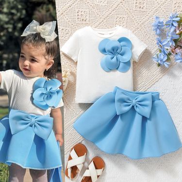 Kids’ Clothing Summer Cute Girl Suit Small Children's Three Dimensional Flower Short Sleeves With Bowknot Puffy Skirt_voghion.com