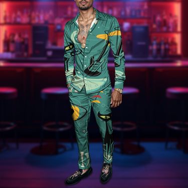 2025 Spring Summer Men Shirt Set Geometry Print Fashion Abstract Two Piece Set Mens Cat Lightweight Party Long Sleeves Suit Casu_voghion.com