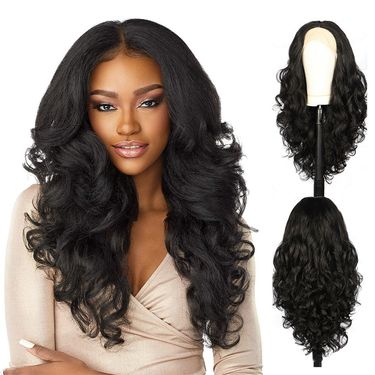 lace front synthetic fiber long curly hair wig women's full head cover black middle parting spot_voghion.com