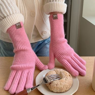 Bamboo powder extended version with wool, popular knitting, exposed fingers, gloves, women's Korean winter warm riding_voghion.com