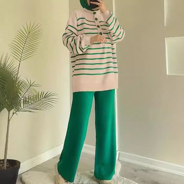 Women's Clothing Women's Middle Eastern Muslim Wool Striped Top Solid Color Fashion Loose Pants Set_voghion.com
