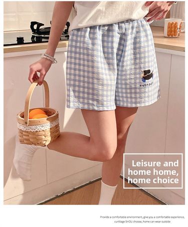 Summer Plaid Simple Pajama Pants Women's Summer Cloud Cotton Thin Beach Shorts Casual Home Pants--XXL_voghion.com