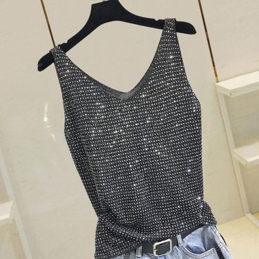 Women’s Clothing Loose Bright Silk Hot Diamond Summer Korean Ice Silk Heavy Knitted Sequined Vest New Style Bottom Outer Wear Sleeveless Top_voghion.com