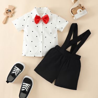 Mother & Kids infant boy gentleman lapel bow short T-shirt polka dot top solid color overalls suit_voghion.com