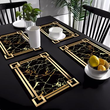 Modern PU Leather Placemats Set – Black Gold Marble & White Marble Design – Non-Slip Heat-Resistant Table Mats For Dining & Decor_voghion.com