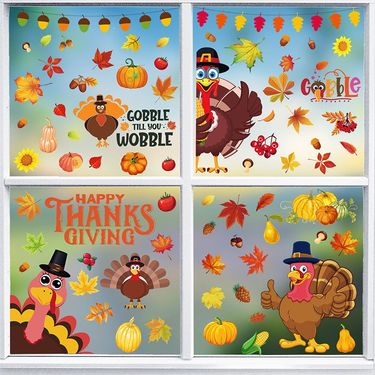 10 Sheets Window Clings Turkey Pumpkin Maple Leaf Pattern Window Stickers Static PVC Fall Window Decals For Home Decoration_voghion.com