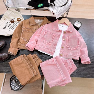 Toddler Girls Clothing Spring And Autumn New Style Suit Middle And Large Children's Fashionable Denim Jacket And Wide Leg Pants Two Piece Suit_voghion.com