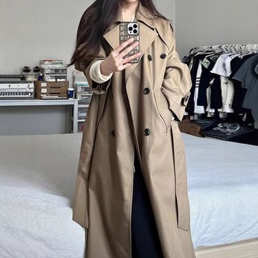 Silhouette Medium Long Casual British Trench For Women In Spring And Autumn, Tall Standing Collar Coat With A_voghion.com