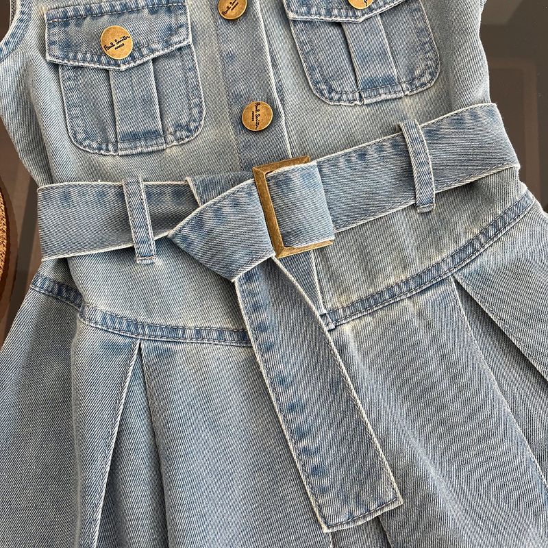 Abito in denim senza maniche in vita con risvolto per ragazze coreane estive 2024 per mamma e bambini_voghion.com