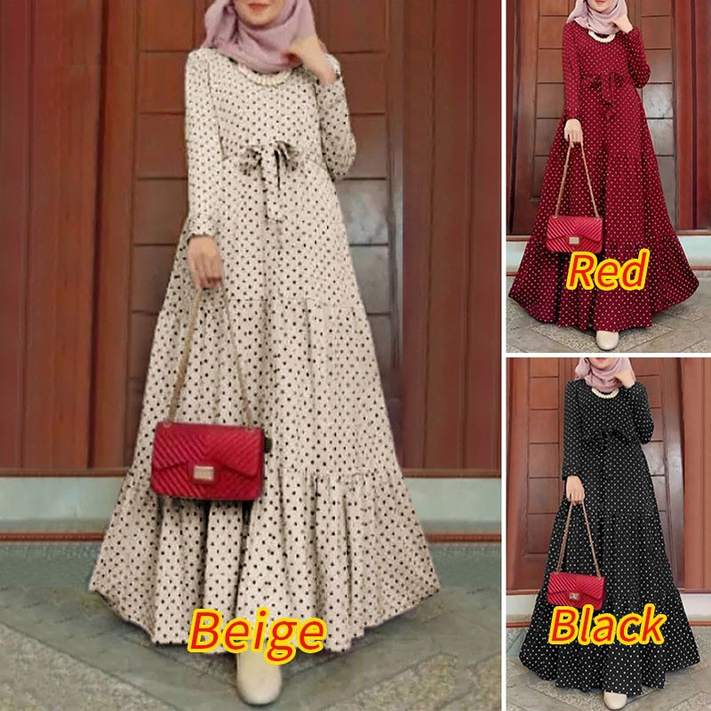 Muslimische Damenbekleidung in Übergröße für Damen, gepunktetes, elegantes Kleid, langärmliges, schwingendes Kleid_voghion.com