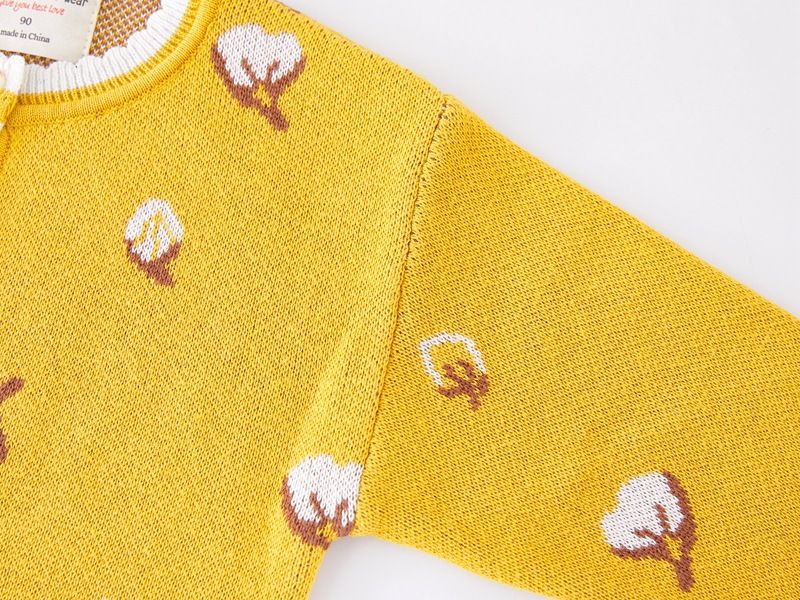 Cardigan in morbido cotone jacquard per bambine - Maglione lavorato a maglia a maniche lunghe con scollo rotondo e bottoni - Caldo ed elegante per bambini e bambine (80-140 cm, giallo)_voghion.com